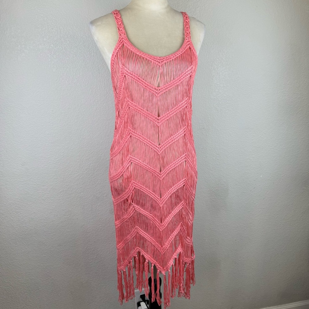 Dasayo Pink/Coral Open‎ Crochet Fringe Midi Dress